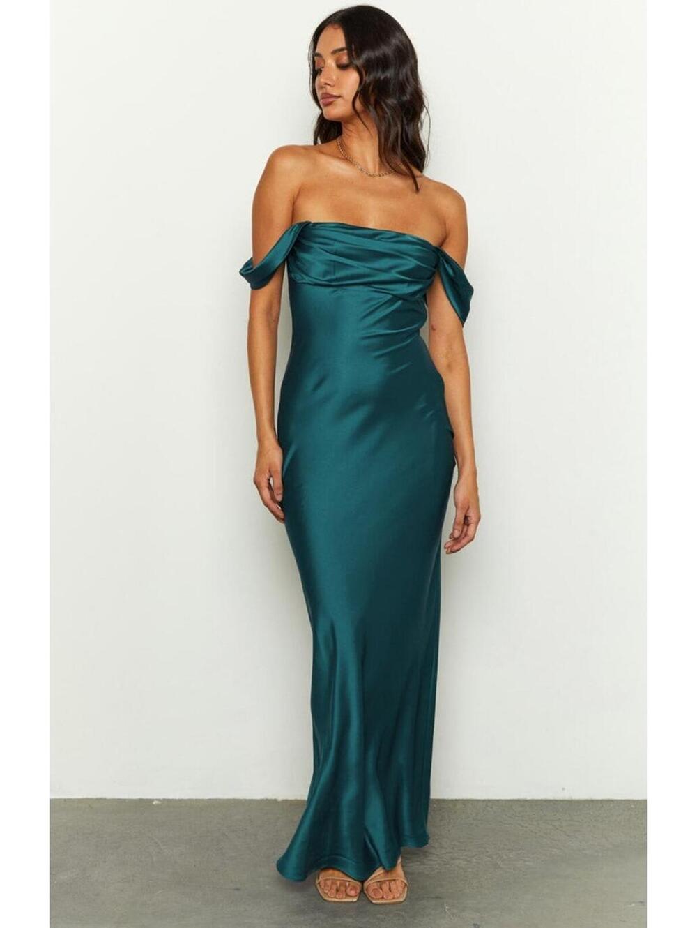 Teal Satin Off Shoulder Formal Gown Dress Sleeveless Long Women
